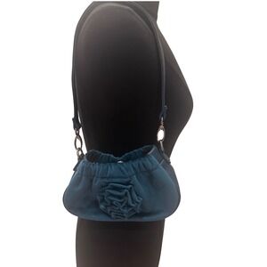 Betsey Johnson Dark Green Teal Velvet  Flower Accent Small Shoulder Bag EUC